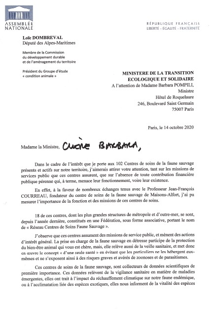 Courrier de soutien de Loic Dombreval aux centres de soins